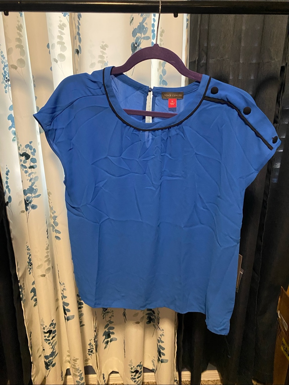 Vince Camuto Royal Blue Short Sleeve Blouse with Black Trim and Button Accents